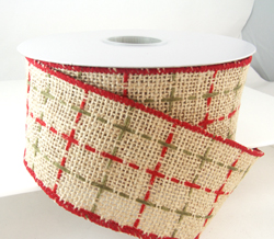 Natural color wired edged burlap ribbon with green and red threads