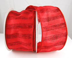 Wired Red Striped Dupioni Christmas Ribbon