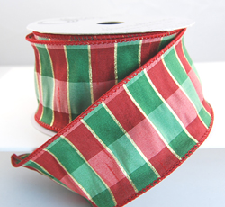 Wired Red Green and Gold Striped Dupioni Christmas Ribbon